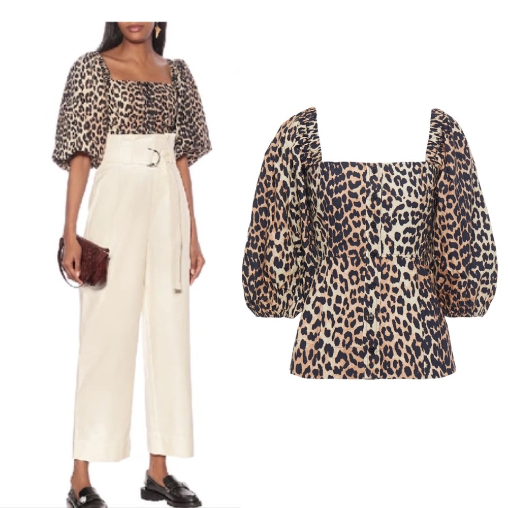 GANNI Leopard-print cotton-poplin peplum blouse NWT